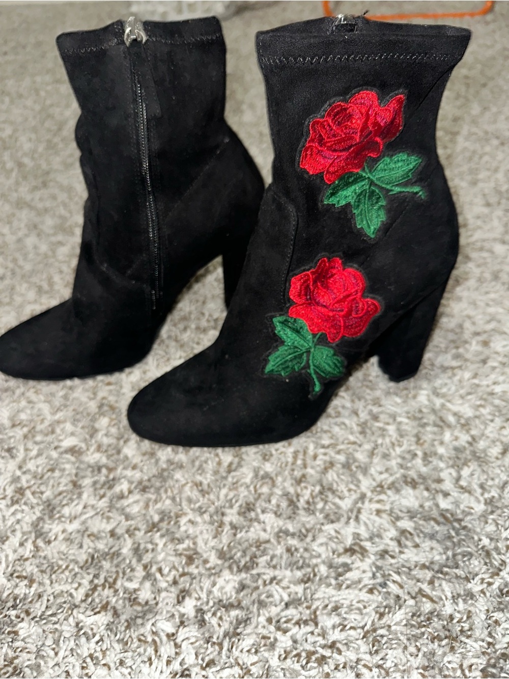 Steve Madden Black Suede Ankle Boots with Red Rose Embroidery